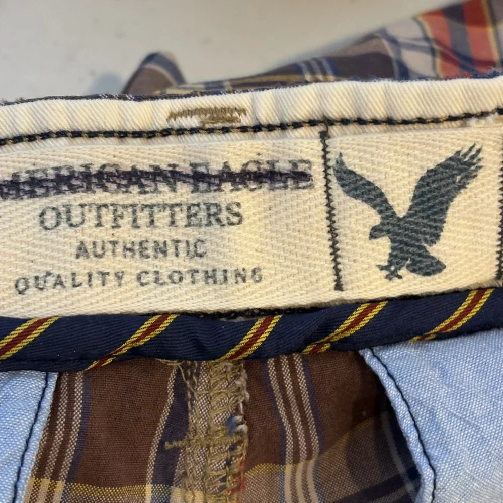 American Eagle‎ Outfitters Mens Plaid Shorts Brown Blue Red Cotton Size 33